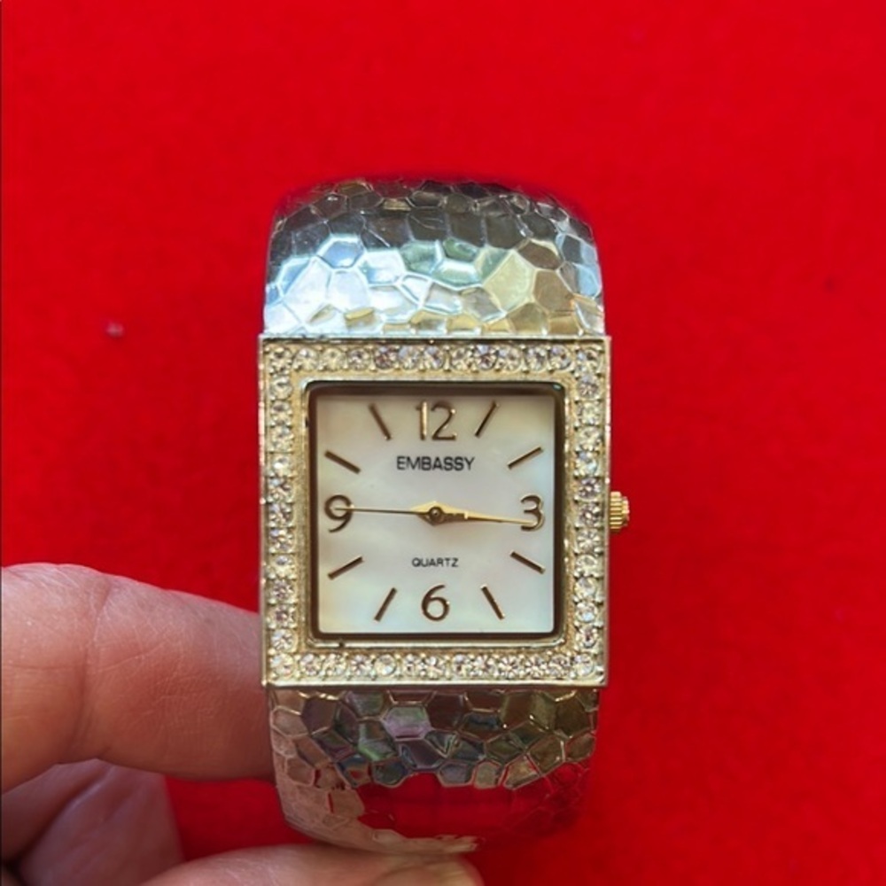 Embassy Gold and Silver Square Dial Cuff Watch with Crystal Embellishments
